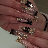 French Tip Long Square Sparkly Rhinestone Design Press on Nails